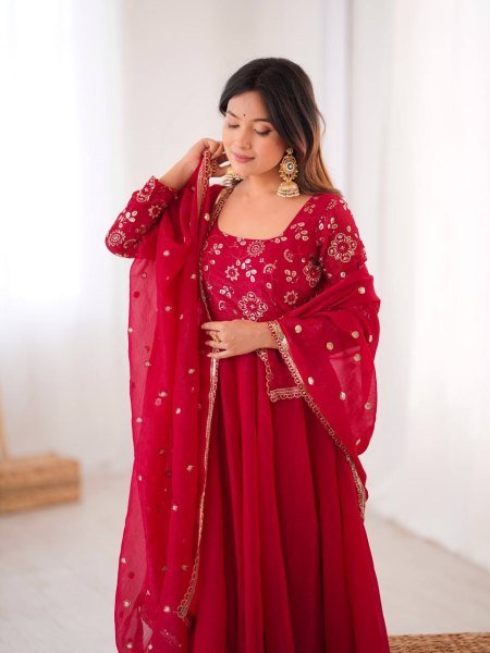 Minimalist Red Chinnon Silk Sequence Embroidery Work Readymade Kurta Set  Ready To Wear Collection