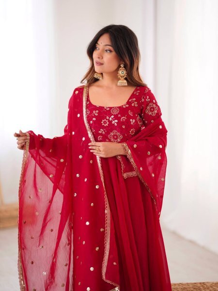 Minimalist Red Chinnon Silk Sequence Embroidery Work Readymade Kurta Set  Ready To Wear Collection