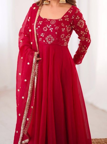 Minimalist Red Chinnon Silk Sequence Embroidery Work Readymade Kurta Set  Ready To Wear Collection