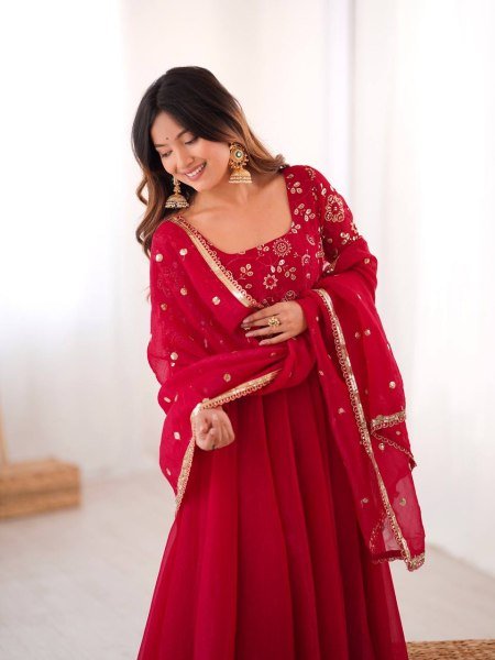 Minimalist Red Chinnon Silk Sequence Embroidery Work Readymade Kurta Set  Ready To Wear Collection