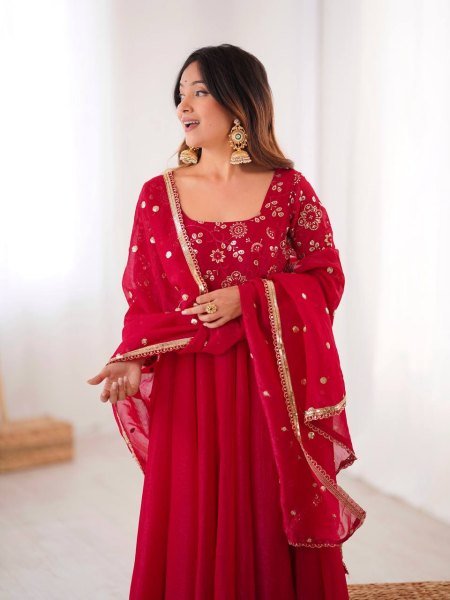 Minimalist Red Chinnon Silk Sequence Embroidery Work Readymade Kurta Set  Ready To Wear Collection