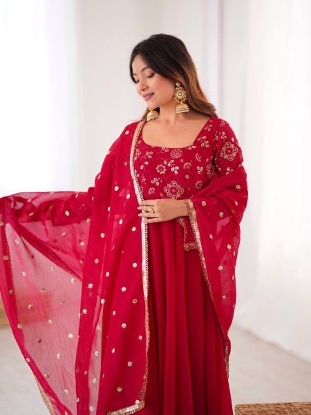 Minimalist Red Chinnon Silk Sequence Embroidery Work Readymade Kurta Set  Ready To Wear Collection