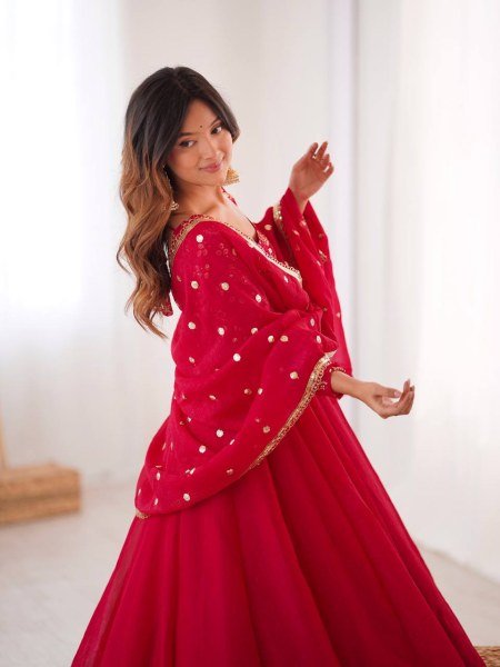 Minimalist Red Chinnon Silk Sequence Embroidery Work Readymade Kurta Set  Ready To Wear Collection