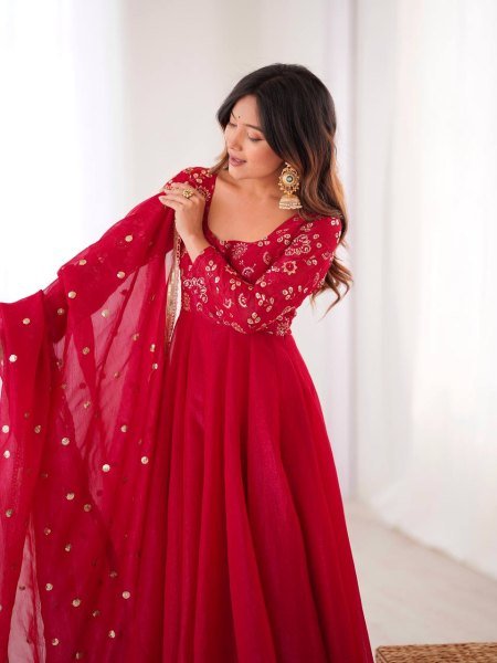 Minimalist Red Chinnon Silk Sequence Embroidery Work Readymade Kurta Set  Ready To Wear Collection