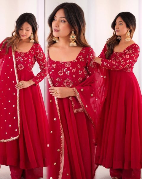 Minimalist Red Chinnon Silk Sequence Embroidery Work Readymade Kurta Set  Ready To Wear Collection