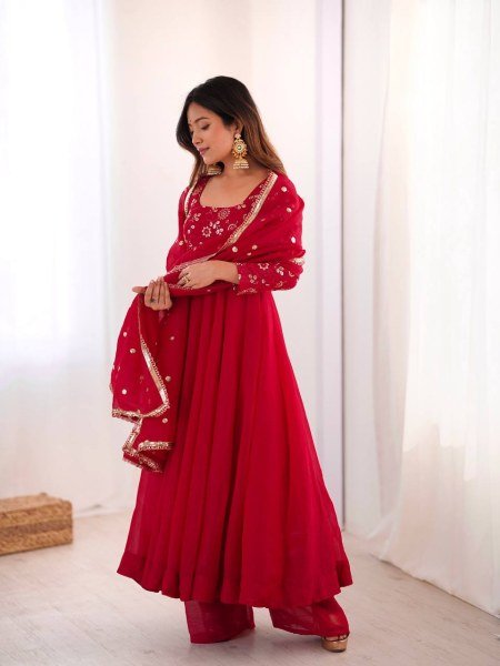 Minimalist Red Chinnon Silk Sequence Embroidery Work Readymade Kurta Set  Ready To Wear Collection