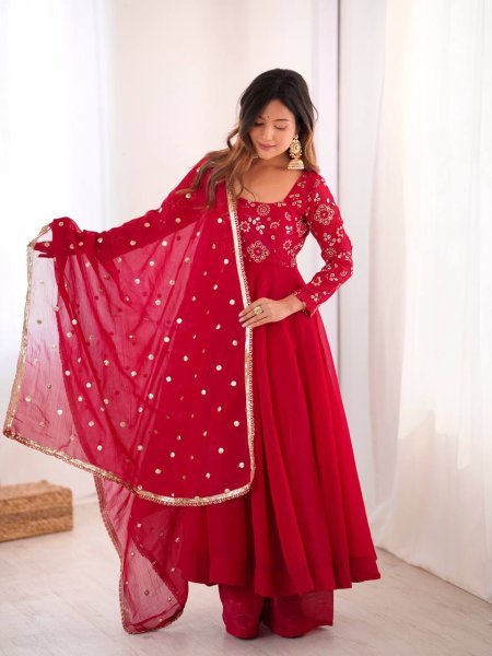 Minimalist Red Chinnon Silk Sequence Embroidery Work Readymade Kurta Set  Ready To Wear Collection