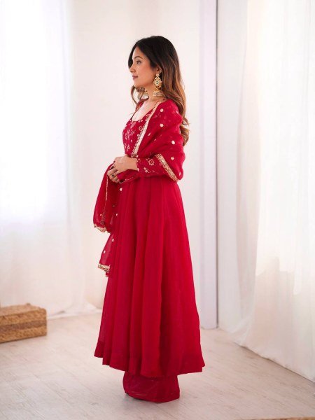 Minimalist Red Chinnon Silk Sequence Embroidery Work Readymade Kurta Set  Ready To Wear Collection