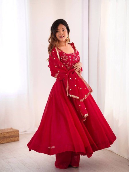 Minimalist Red Chinnon Silk Sequence Embroidery Work Readymade Kurta Set  Ready To Wear Collection