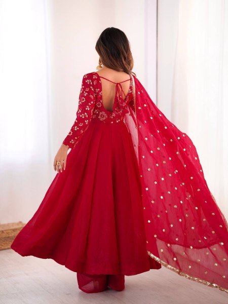 Minimalist Red Chinnon Silk Sequence Embroidery Work Readymade Kurta Set  Ready To Wear Collection