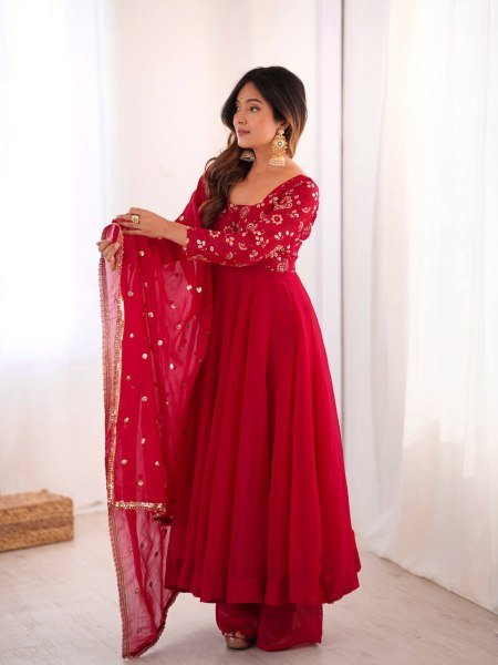 Minimalist Red Chinnon Silk Sequence Embroidery Work Readymade Kurta Set  Ready To Wear Collection