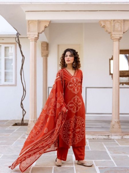 Minimalist Red Cotton Kurti Pant Dupatta Set for Summer Collection Kurtis