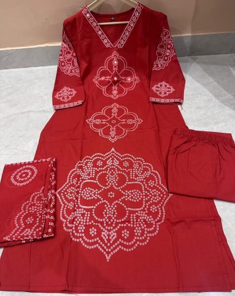 Minimalist Red Cotton Kurti Pant Dupatta Set for Summer Collection Cotton Kurtis Wholesale