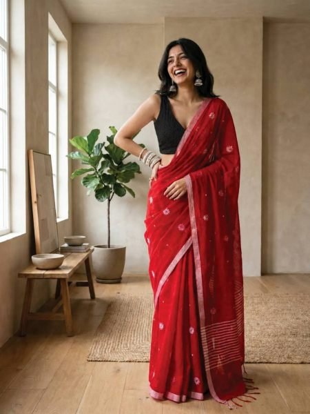 Minimalist Red Designer Linen Cotton Digital Print Saree with Matching Blouse for Wedding 