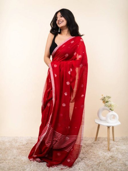 Minimalist Red Designer Linen Cotton Digital Print Saree with Matching Blouse for Wedding Linen Sarees Wholesale
