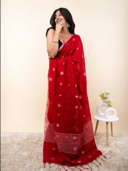 Minimalist Red Designer Linen Cotton Digital Print Saree with Matching Blouse for Wedding Linen Sarees Wholesale