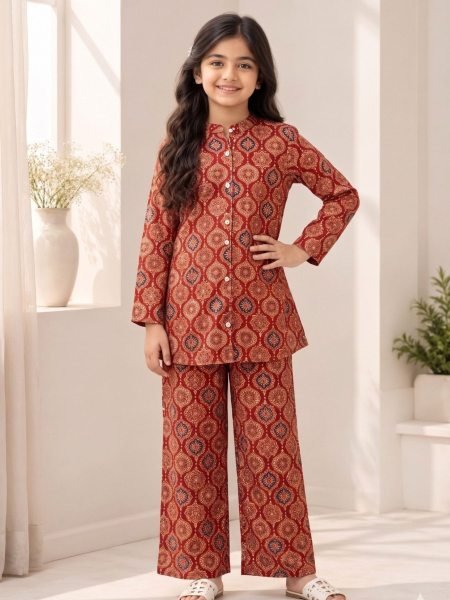 Minimalist Red Kids Premium Cotton Printed Co Ord Set for Festival Kurtis