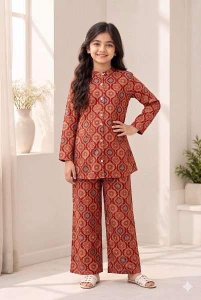 Minimalist Red Kids Premium Cotton Printed Co Ord Set for Festival Girls Wear