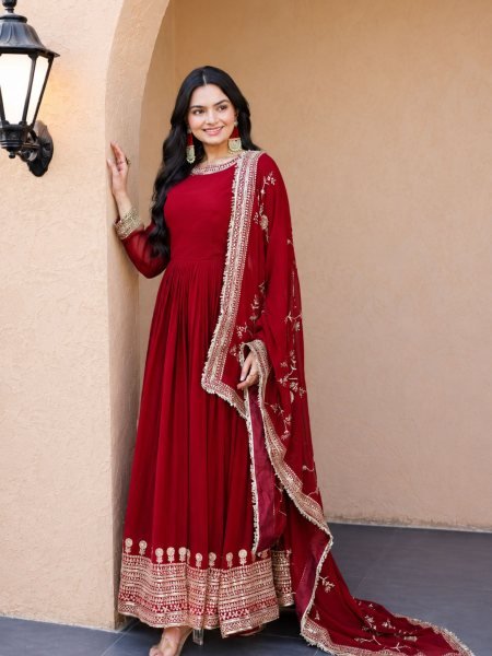 Minimalist Red Roman Silk Blooming Traditional Wear Outfit with Heavy Embroidery Work Ready To Wear Suit