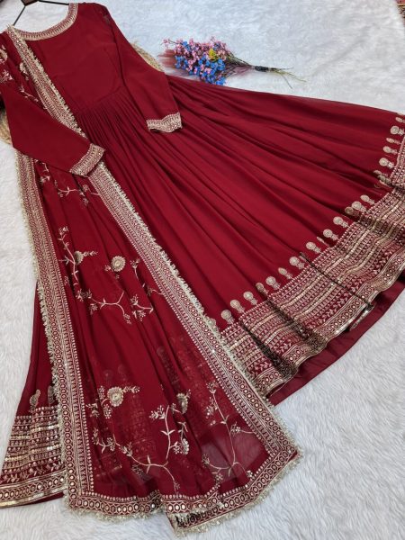 Minimalist Red Roman Silk Blooming Traditional Wear Outfit with Heavy Embroidery Work Ready To Wear Collection