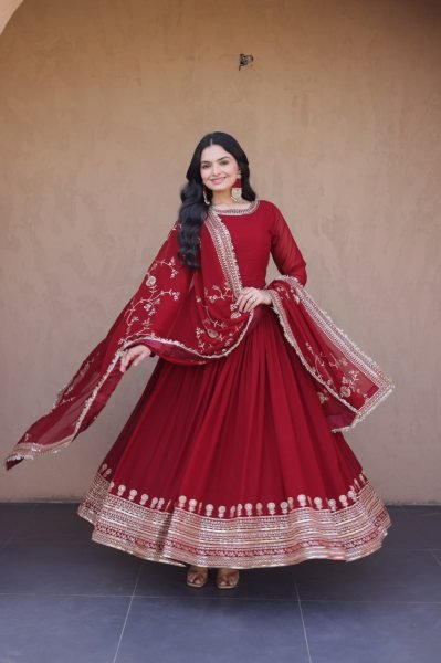 Minimalist Red Roman Silk Blooming Traditional Wear Outfit with Heavy Embroidery Work Ready To Wear Collection
