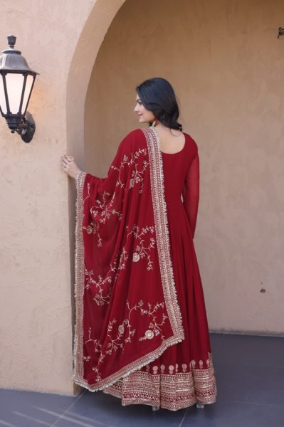 Minimalist Red Roman Silk Blooming Traditional Wear Outfit with Heavy Embroidery Work Ready To Wear Collection