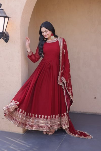 Minimalist Red Roman Silk Blooming Traditional Wear Outfit with Heavy Embroidery Work Ready To Wear Collection