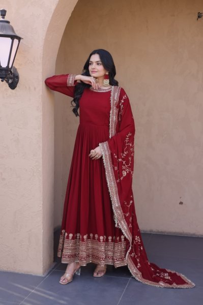 Minimalist Red Roman Silk Blooming Traditional Wear Outfit with Heavy Embroidery Work Ready To Wear Collection