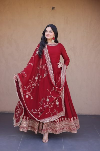 Minimalist Red Roman Silk Blooming Traditional Wear Outfit with Heavy Embroidery Work Ready To Wear Collection