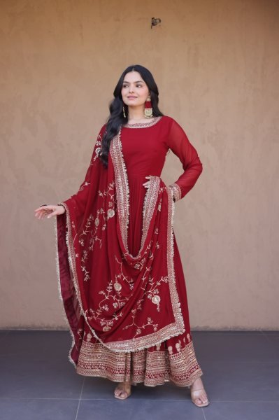 Minimalist Red Roman Silk Blooming Traditional Wear Outfit with Heavy Embroidery Work Ready To Wear Collection