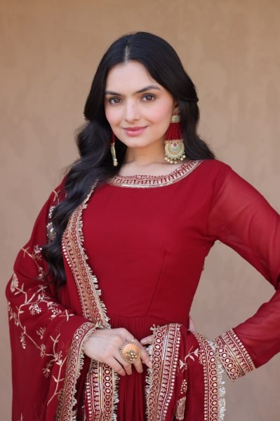 Minimalist Red Roman Silk Blooming Traditional Wear Outfit with Heavy Embroidery Work Ready To Wear Collection