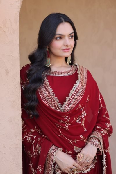 Minimalist Red Roman Silk Blooming Traditional Wear Outfit with Heavy Embroidery Work Ready To Wear Collection
