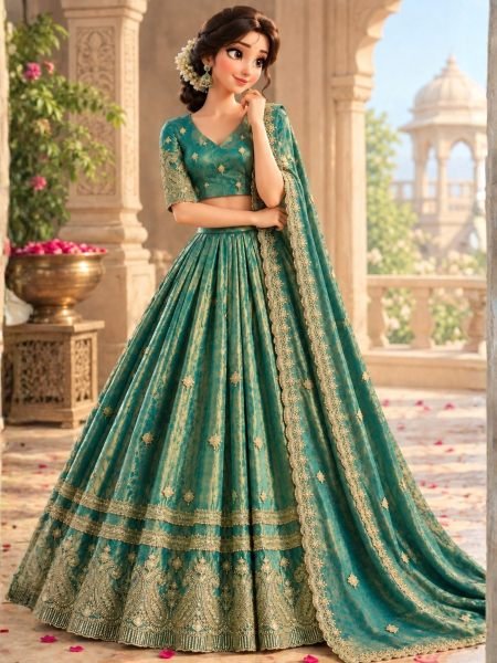 Minimalist Sage Green Designer Space Silk Lehenga with Matching Stitched Blouse Wholesale Lehengas Suppliers in Fiji