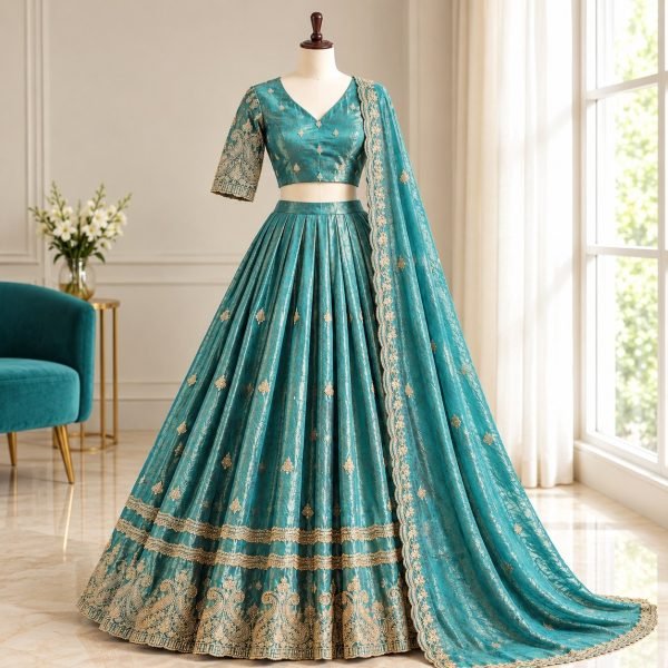 Minimalist Sage Green Designer Space Silk Lehenga with Matching Stitched Blouse Designer Lehenga Choli