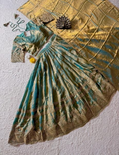 Minimalist Sage Green Designer Space Silk Lehenga with Matching Stitched Blouse Designer Lehenga Choli