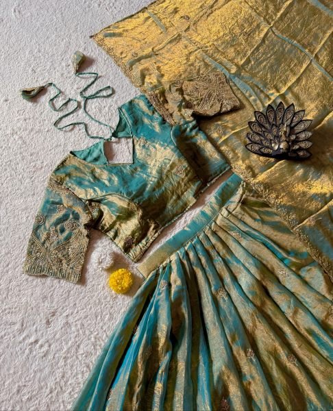 Minimalist Sage Green Designer Space Silk Lehenga with Matching Stitched Blouse Designer Lehenga Choli