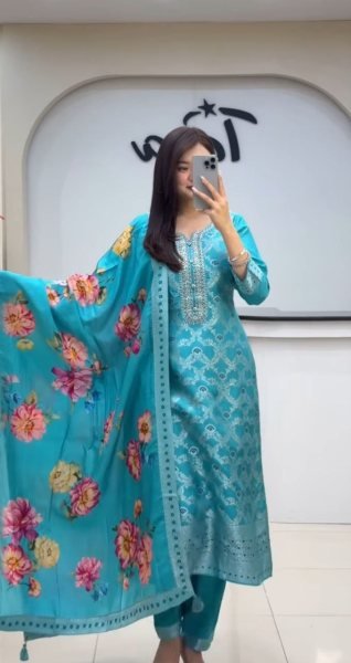  Minimalist Sky Blue Chanderi Silk Jequard Work Kurti with Banarasi Jequard Dupatta for  sophisticated Look  Straight Cut Long Kurtis