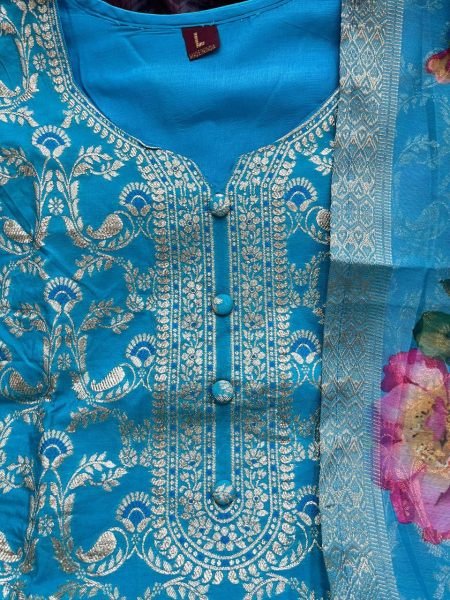  Minimalist Sky Blue Chanderi Silk Jequard Work Kurti with Banarasi Jequard Dupatta for  sophisticated Look  Straight Cut Long Kurtis