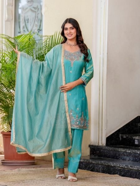 Minimalist Sky Blue Premium Silk Sindoor Satin Embroidered Kurti Set for Women Ready To Wear Suit