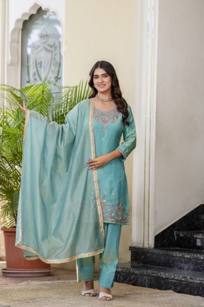 Minimalist Sky Blue Premium Silk Sindoor Satin Embroidered Kurti Set for Women Ready To Wear Collection