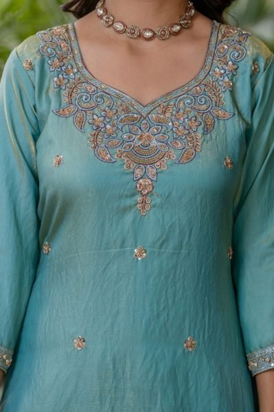 Minimalist Sky Blue Premium Silk Sindoor Satin Embroidered Kurti Set for Women Ready To Wear Collection