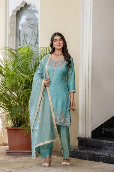 Minimalist Sky Blue Premium Silk Sindoor Satin Embroidered Kurti Set for Women Ready To Wear Collection