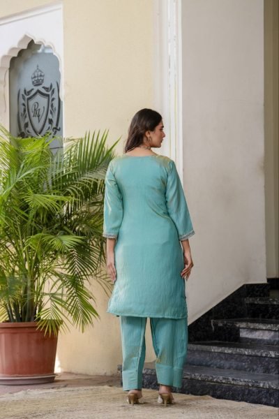 Minimalist Sky Blue Premium Silk Sindoor Satin Embroidered Kurti Set for Women Ready To Wear Collection
