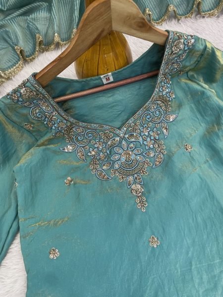 Minimalist Sky Blue Premium Silk Sindoor Satin Embroidered Kurti Set for Women Ready To Wear Collection
