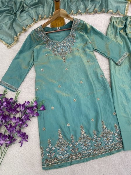 Minimalist Sky Blue Premium Silk Sindoor Satin Embroidered Kurti Set for Women Ready To Wear Collection