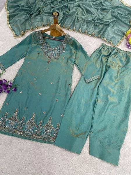 Minimalist Sky Blue Premium Silk Sindoor Satin Embroidered Kurti Set for Women Ready To Wear Collection