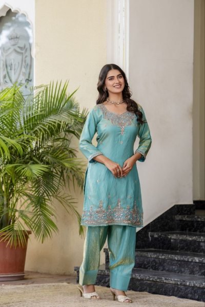 Minimalist Sky Blue Premium Silk Sindoor Satin Embroidered Kurti Set for Women Ready To Wear Collection