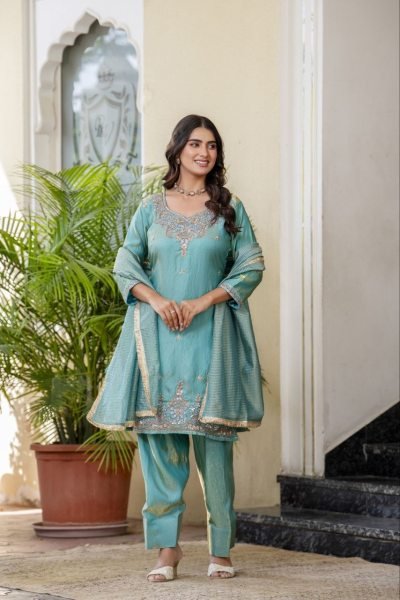 Minimalist Sky Blue Premium Silk Sindoor Satin Embroidered Kurti Set for Women Ready To Wear Collection