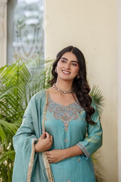 Minimalist Sky Blue Premium Silk Sindoor Satin Embroidered Kurti Set for Women Ready To Wear Collection