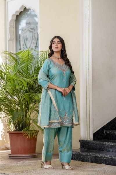 Minimalist Sky Blue Premium Silk Sindoor Satin Embroidered Kurti Set for Women Ready To Wear Collection